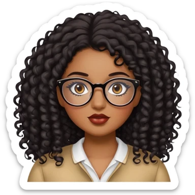 girl, brown skin, pretty, lipliner, eyeliner, eyelashes, plus size, brown eyes, LONG black curly hair, glasses sticker