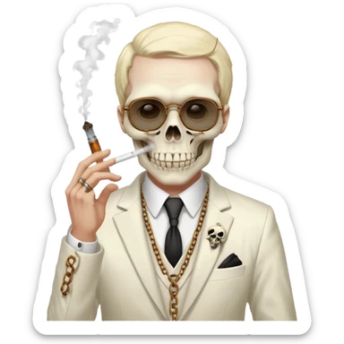 cinematic realistic - Megadeth icon - a gentleman in an ivory ethereal suit that smokes, has a skull instead of a head, wears rusty metal glasses with chains sticker