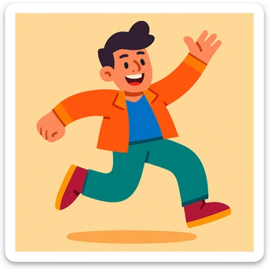 a cheerful, youthful man with a dynamic pose, wearing colorful clothes, radiating positivity sticker