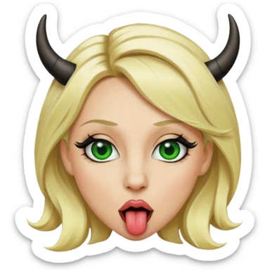 Emoji femme blonde cheveux blond, yeux vert avec de long cils noir qui tire la langue et à des cornes  sticker