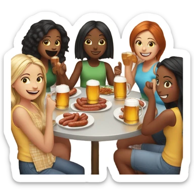 Five girls drinking pints of beer and eating sausage sticker