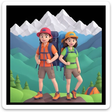 back packer couple posing, mountains in background,   close up pose sticker