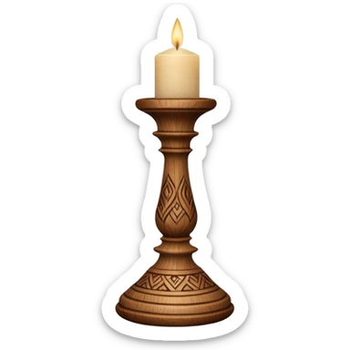 A short wooden candlestick carved with simple rustic patterns. sticker