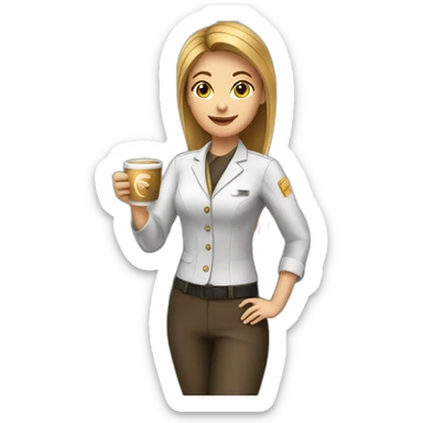 Female barista wear uniform and stand near coffee shop with cup of coffee and a cigarette sticker