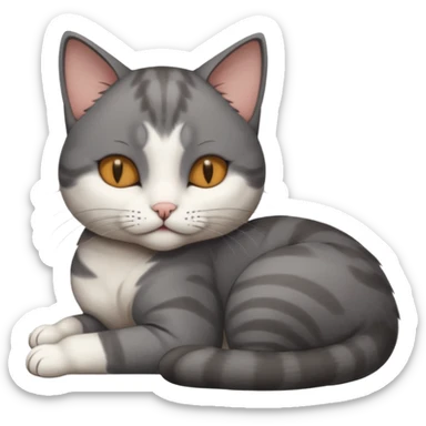 dark grey and white small cat with his eyes closed leaning his head on his paw while leaning on his elbow lying down sticker