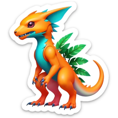 Tropical futuristic lush warm-colored modern colorful neon-colored Fakémon-Digimon-Trico-creature sticker