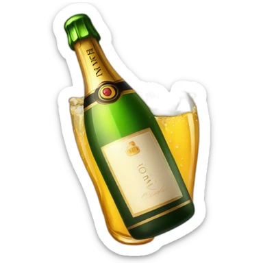 champagne bottle with popping cork popping and dripping wine and foam sticker
