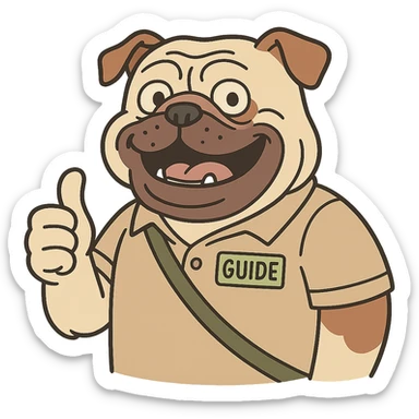 smiling English bulldog guide giving a thumbs up cartoon character sticker