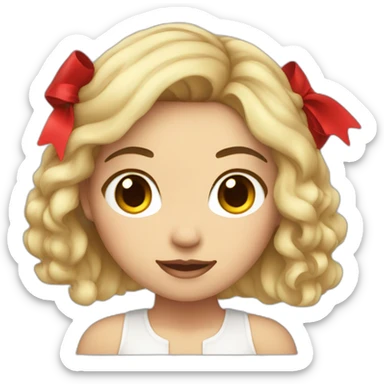 Women light skin, red dark hair, holding an upside down bow sticker