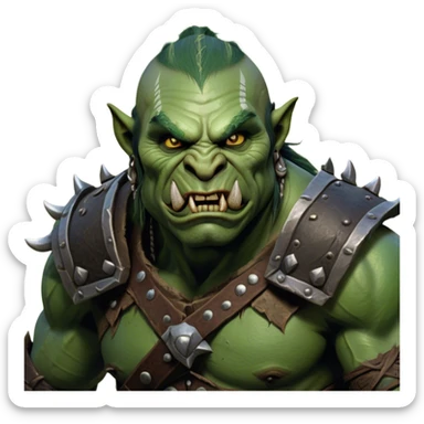Cinematic Realistic WoW Orc Warrior Portrait, head tilted dramatically with an exaggeratedly amused expression, blending raw, primal might with a touch of unexpected humor. His battle-scarred green skin, robust muscles, and intricately detailed tribal armor in deep, earthy tones are rendered with lifelike texture and dynamic lighting, high shine, dramatic yet whimsical, capturing an orc warrior whose epic strength is matched by a playful, irreverent charm. sticker