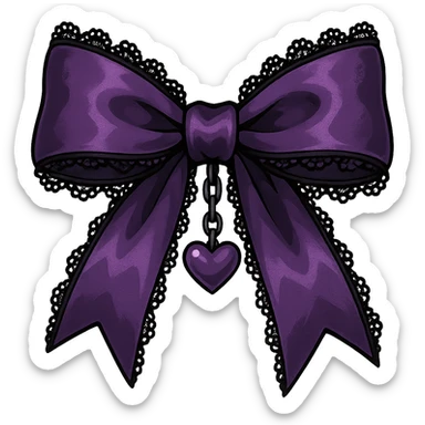 Purple gothic bow with black lace trim and heart charm, remove background sticker