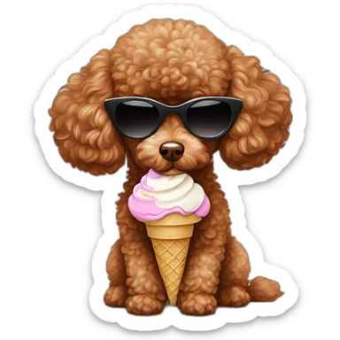 Small red-brown toy poodle eat ice cream and wearing in sunglasses  sticker