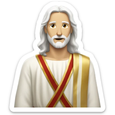 Jesus with white hair and white beard and a golden sash across his chest sticker