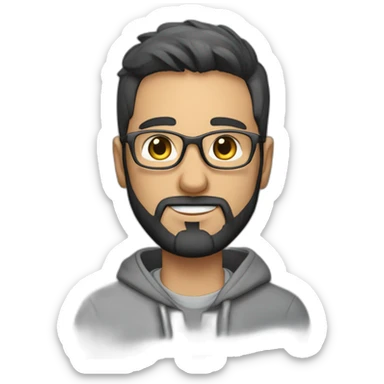 A project manager in a gray hoodie and with a short beard, with gray eyes, with short black hair without a parting, wearing glasses sticker