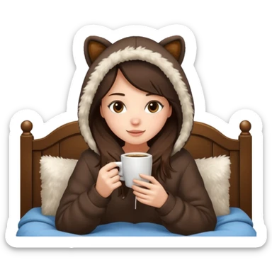 a brunette girl sitting cozily in her bed and a fur hoodie sipping coffee sticker