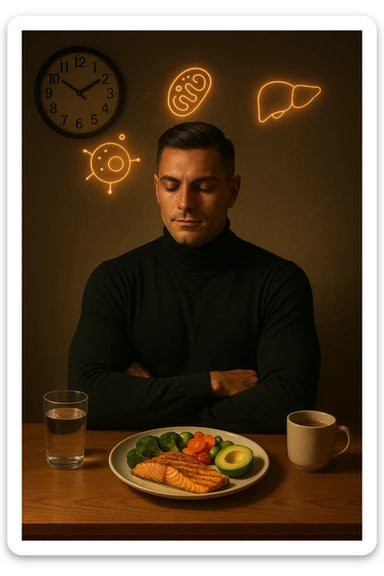 A realistic, cinematic illustration of a healthy, fit man in his early 30s with a calm, disciplined expression, sitting at a clean wooden table in the evening with a single, balanced, nutrient-dense meal in front of him (grilled salmon, colorful vegetables, avocado). The rest of the day he drinks only water and herbal tea, visible in a glass and a simple cup on the side. A wall clock in the background shows 6:00 PM, emphasizing that this is his only meal of the day (OMAD). Subtle glowing icons above him display a regenerating cell, mitochondria, and a liver symbol, representing autophagy, longevity, and health benefits of OMAD. The lighting is warm, with cinematic shadows and natural tones, creating a sense of discipline, mental clarity, and health optimization. The man looks centered and content, showing that OMAD is a conscious choice for energy and regeneration, not restrizione. The scene is realistic with slight film grain for depth sticker