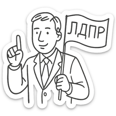 A man holding up his finger, in a suit, blue flag with yellow LDPR lettering on the back sticker