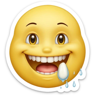 Yellow smiley face holding back tears with realistic watery eyes, and a big human tooth smile sticker