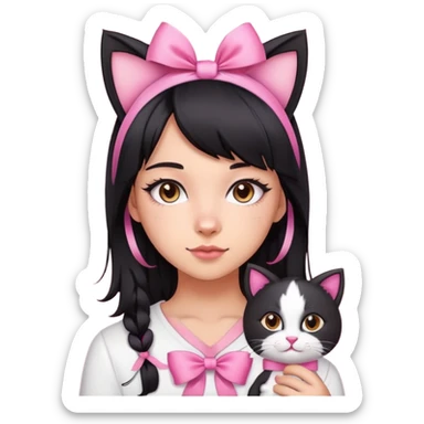 A teenage black hair girl with cat ears and pink ribbon sticker