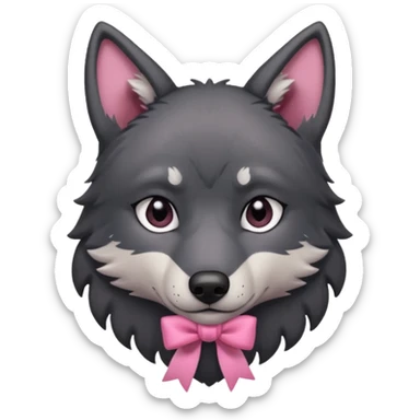 Pleading sad Face cute dark grey  black wolf with a pink ribbon on his ear head sticker