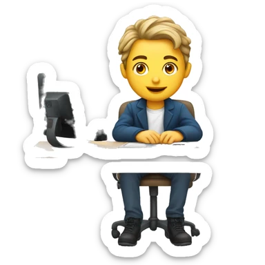 European schoolboy sitting at desk,  computer on desk sticker
