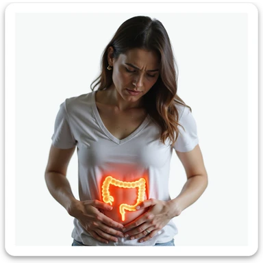 realistic woman with expression of pain, holding hands on abdomen, intestinal area highlighted with slight redness or glowing halo indicating inflammation, hyperrealistic 4K details, vertical 9:16 format, neutral or white background sticker