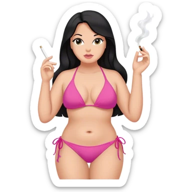 caucasian Curvy black long long hair in pink bikini body sfw pose, smoking sticker