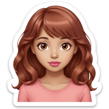 cute woman, light tan skin, big brown eyes, long wavy auburn hair, bangs, pink top, coral lipstick sticker