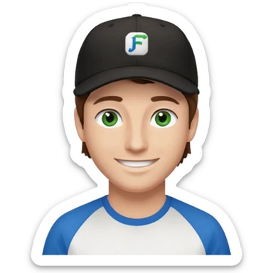 Brown hair man white tshirt black baseball hat green/blue eyes sticker