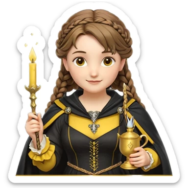 Helga Hufflepuff,the Hogwarts founder of Hufflepuff,brown-haired,2braids,yellow-black medieval dress with black cloak decorated with gold braiding,flickering magic wand and tiny two-handled shiny gold cup engraved with the badger silhouette,very kind smile,curvy busty sweet sticker