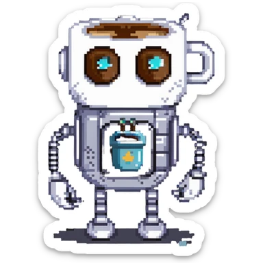 A sleepy robot with droopy eyes holding a coffee mug, looking exhausted sticker