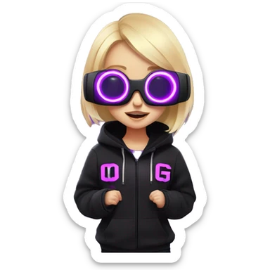 Russian cute blond student girl wearing black hoody with violet letters "OMG", in vr headset. No eyes. Cyberpunk style. Violet neon. sticker