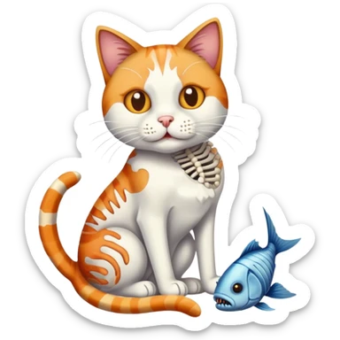 cat full body sitting with fish skeleton in mouth sticker