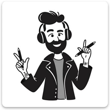 pop rock musician with well-groomed stylish beard, arm tattoos, headphones on ears, smiling confidently, holding microphone in one hand and pencil in other hand sticker
