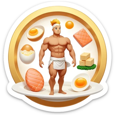Floating plate with ethereal icons of golden egg, salmon fillet, bright chicken breast, and translucent tofu block, all orbiting a central double helix symbol, with soft light expanding towards a glowing muscular figure sticker