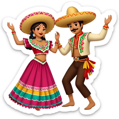 Cinematic Realistic scene of two performers dancing the Jarabe Tapatío, dressed in colorful traditional Mexican costumes with intricate embroidery, captured in energetic, festive motion with vibrant, celebratory lighting sticker