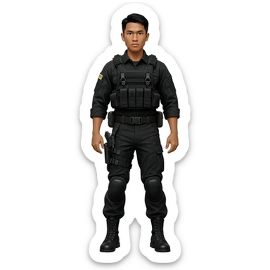Filipino man STF SPECIAL TACTICS FORCE OUTFIT BLACK FATIGUE AND COMBAT BOOTS PLATE CARRIER AND HOLSTER sticker
