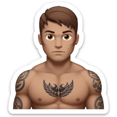 tattoo man, fair white skintone,brown hair, tattoos on face, more visible, bulky man with tattos on his chest, heavy tattoos. sticker