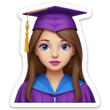girl with gorgeous long brown hair, blue eyes, long lashes makeup, sexy pink lips, wearing a purple graduation cap and gown sticker