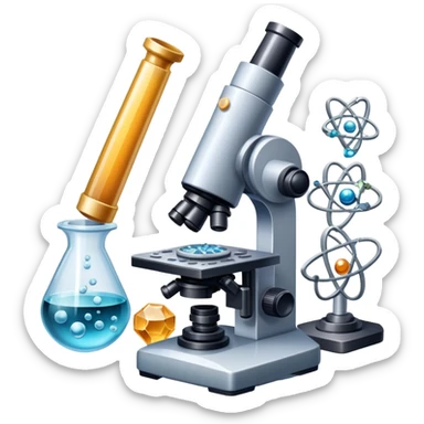 An icon featuring a microscope, a metal sample, and atomic structure symbols, symbolizing materials science. The design includes crystal lattices, polymers, and lab tools, representing the study of material properties and engineering. Transparent background highlights scientific analysis. sticker