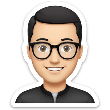 Light-skinned man with black hair in very short almost-buzz cut (minimal length but visible), short graying beard, big black glasses frames, happy smile, black long sleeve shirt with zip at neck sticker