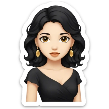 Beautiful woman,cute, light skin, half long wavy black hair in dark dress with gold earrings sticker