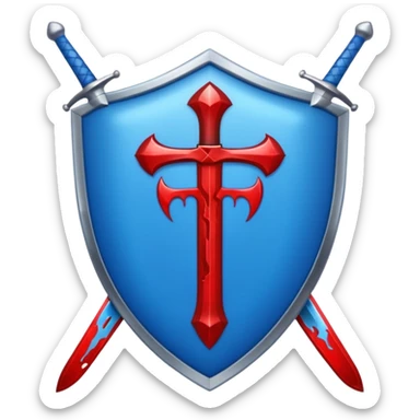 shiny vibrant blue oval shield with a vertical sword behind it, blood effect on the sword, apple emoji style sticker