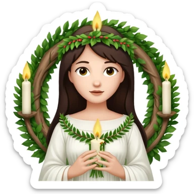  saint lucia with dark brown hair with a white gown and a wreath made from greenery and candles on top of it sticker