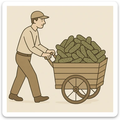 a man pushing a cart full of pickles, neutral illustrative style sticker