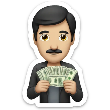 dark hair dark eye man with short mustache holding money sticker