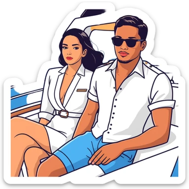 Peruvian superstar Tefi Valenzuela and JetSet Josh King Madrid luxuriate aboard private yacht, radiating glamour. sticker