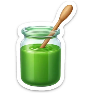 A small open plastic jar of vibrant green wax, wooden stick inside sticker