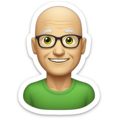 50 year teacher with smiling face and no hair, intelligent strong green eyes, sticker