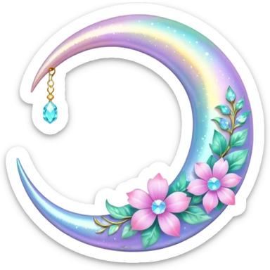 glossy Pastel iridescent floral shiny crystal crescent damask moon sticker